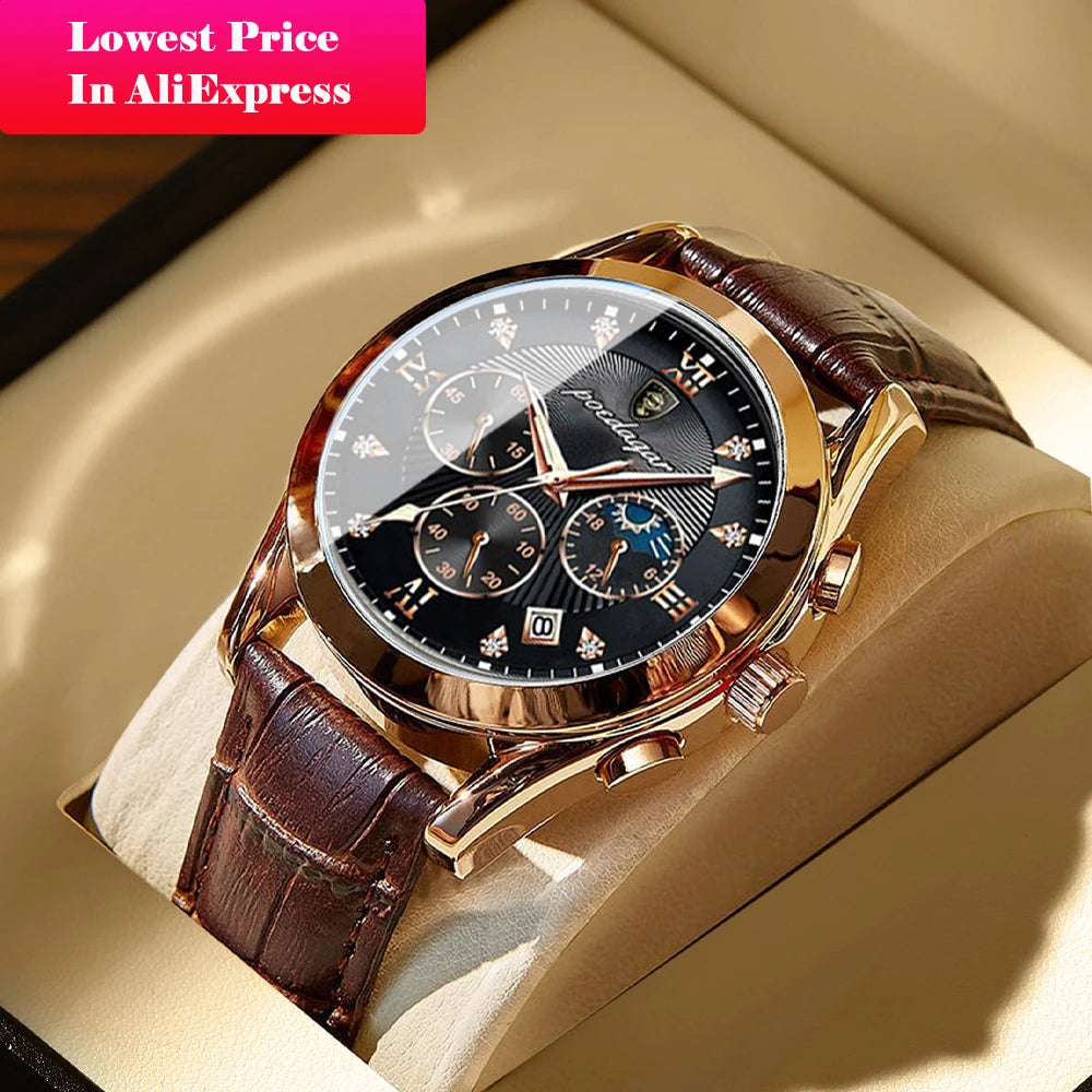Roman Numeral Leather Watch – Luminous Dial with Full Calendar
