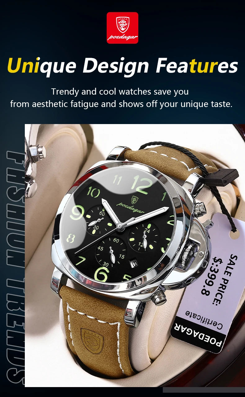 Military Style Chronograph Watch – Luminous Leather Strap with Date