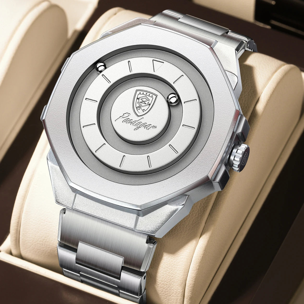 Sculpted Irregular Sport Watch – Large Numberless Dial with Hidden Clasp Bracelet