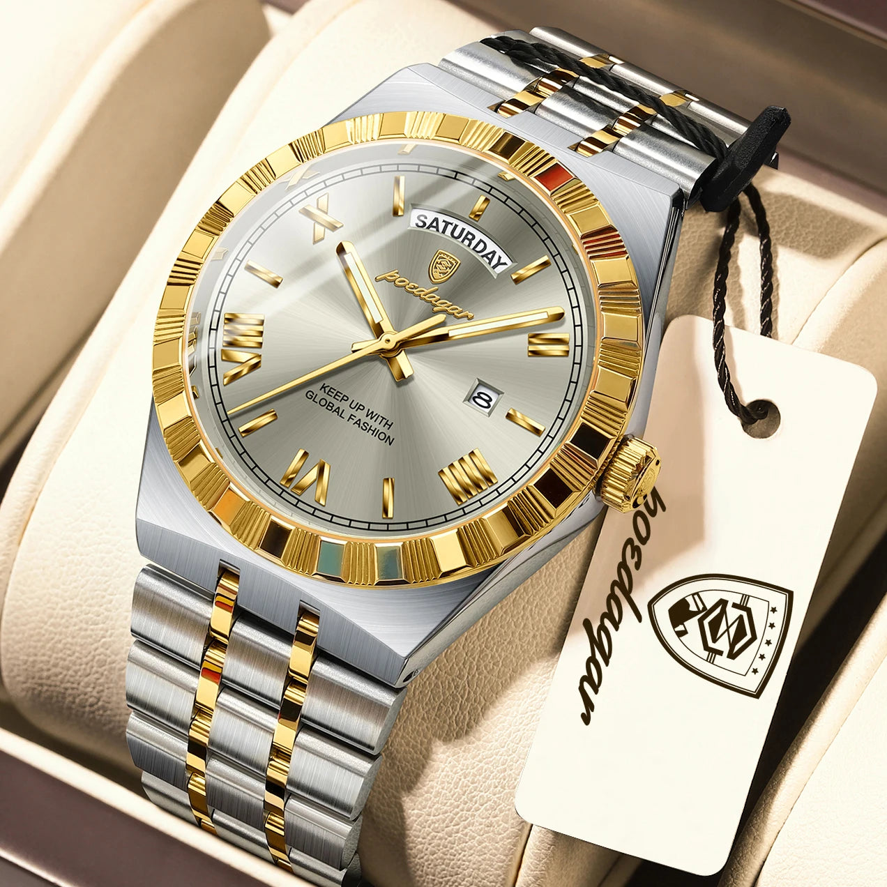 Luxury Business Chronograph – Day, Date, Luminous Dial, Steel Bracelet