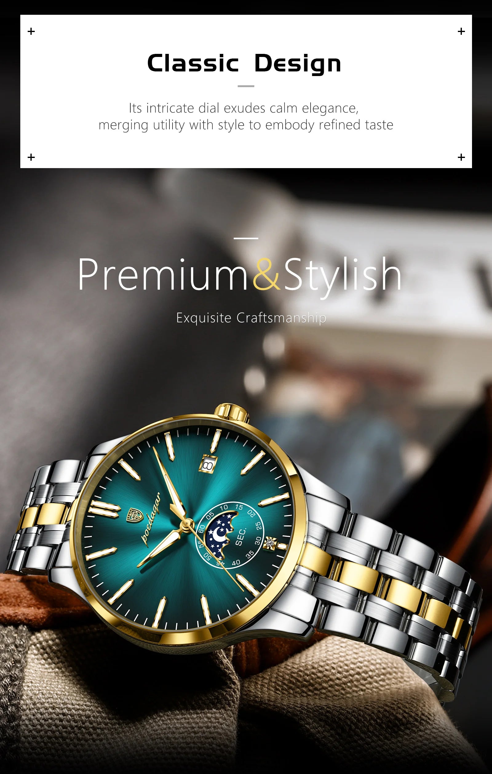 Round Business Chronograph – Slim Stainless Steel Watch with Luminous Hands & Date