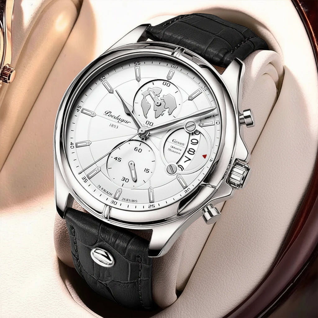 Chronograph Leather Watch – Full Calendar & Luminous Dial