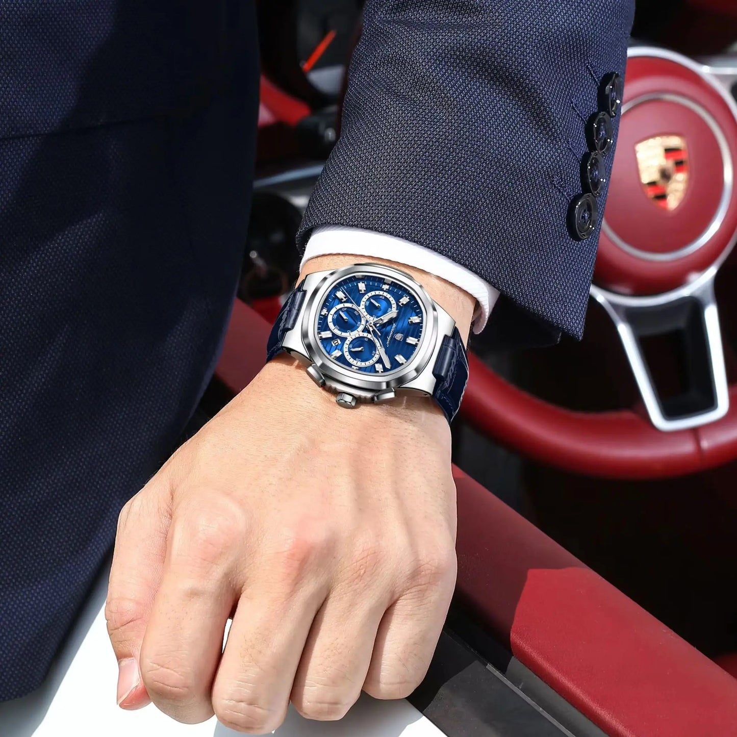 Square Chronograph Watch – Luxe Leather Strap with Luminous Dial & Date