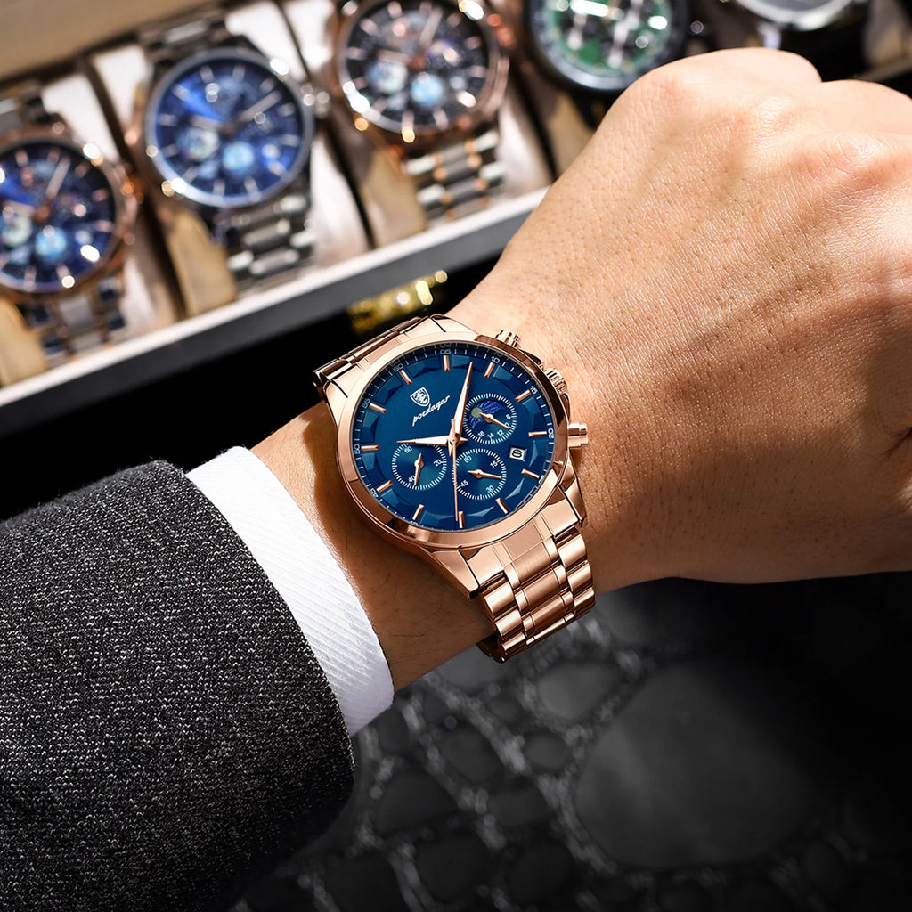Moon Phase Full Calendar Watch – Luminous Dial with Stainless Steel Bracelet