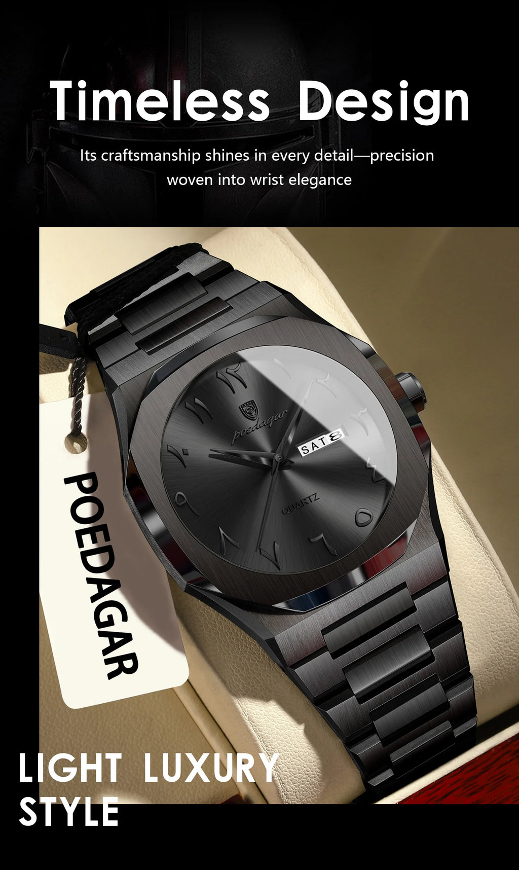 Irregular Shape Full Calendar Watch – Date & Week Display with Hidden Clasp