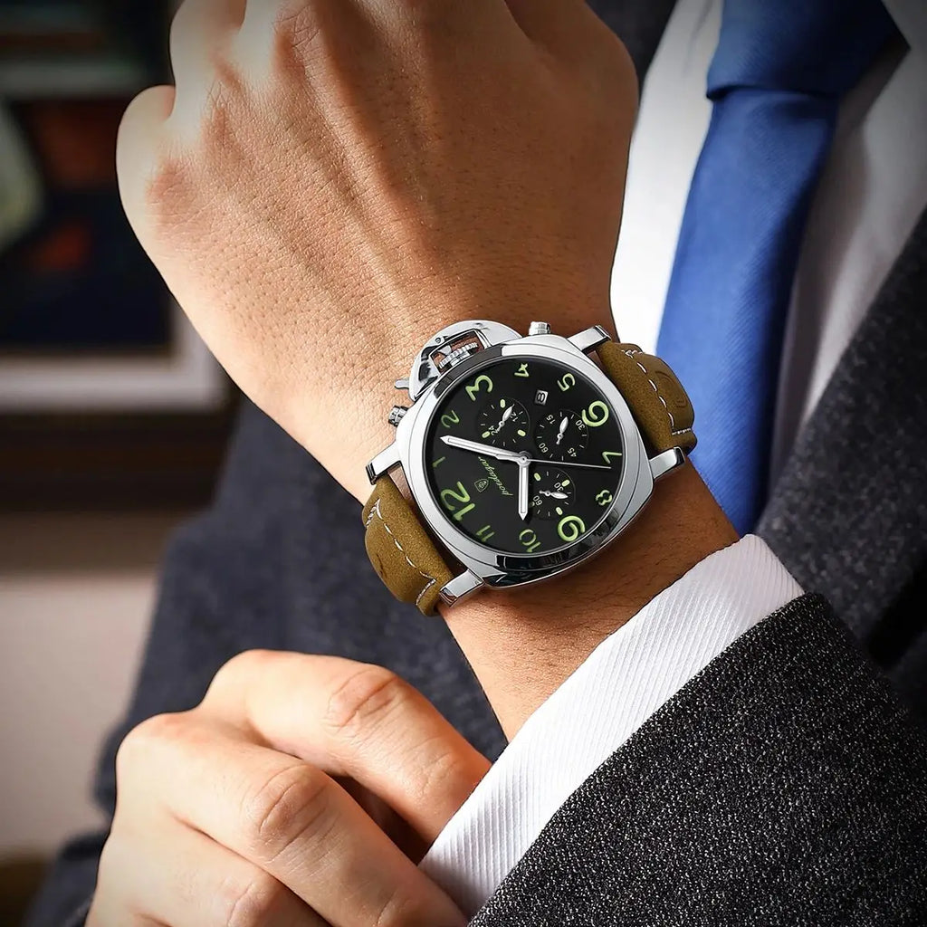 Military Style Chronograph Watch – Luminous Leather Strap with Date