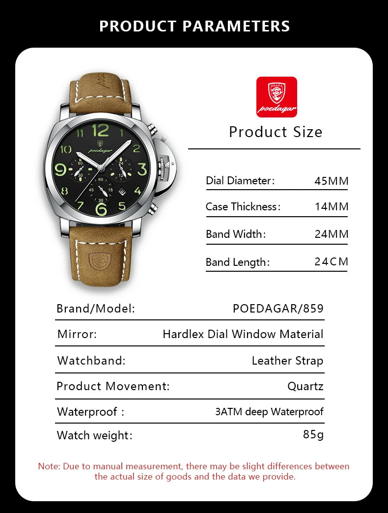 Military Style Chronograph Watch – Luminous Leather Strap with Date
