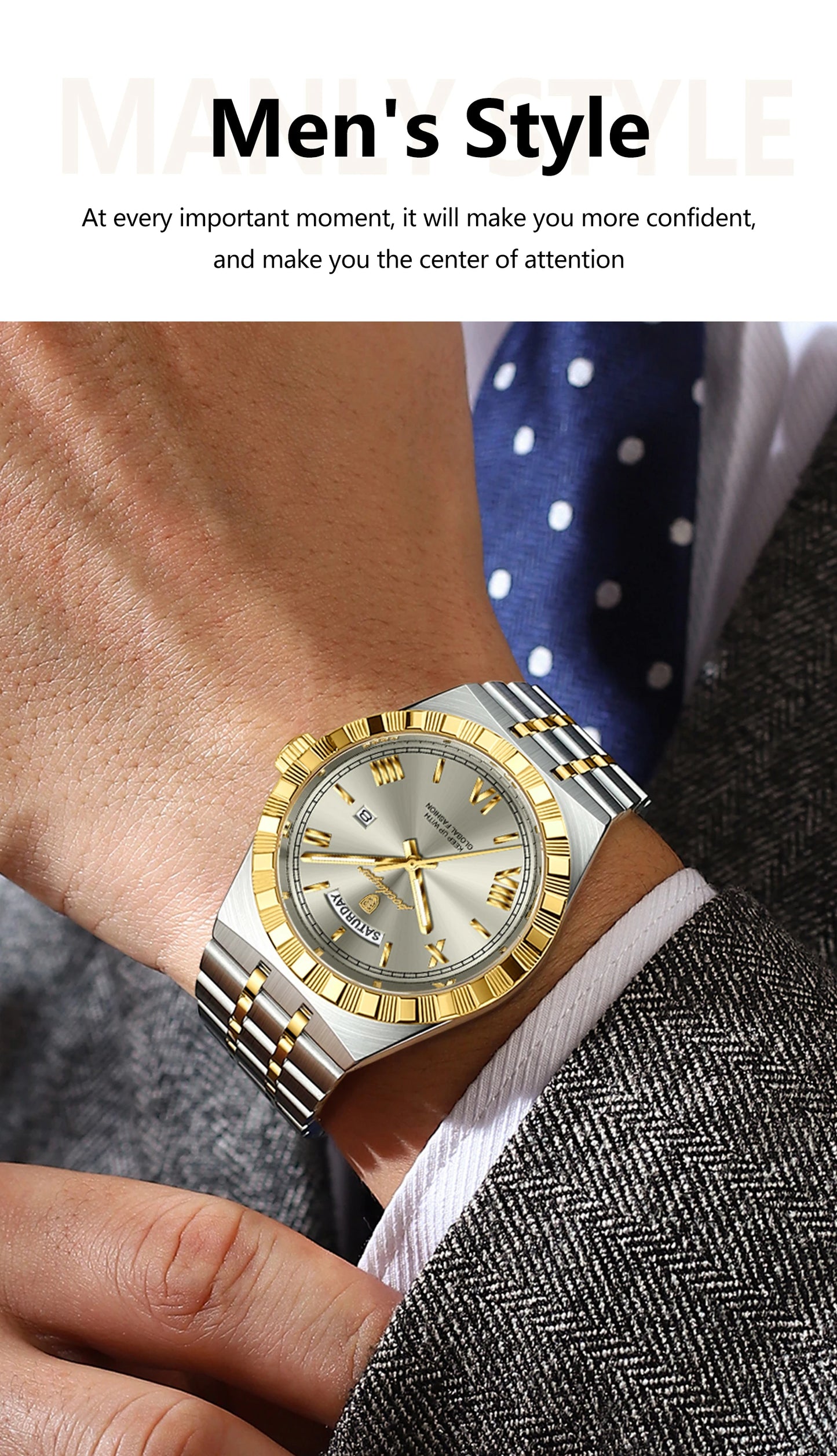 Luxury Business Chronograph – Day, Date, Luminous Dial, Steel Bracelet