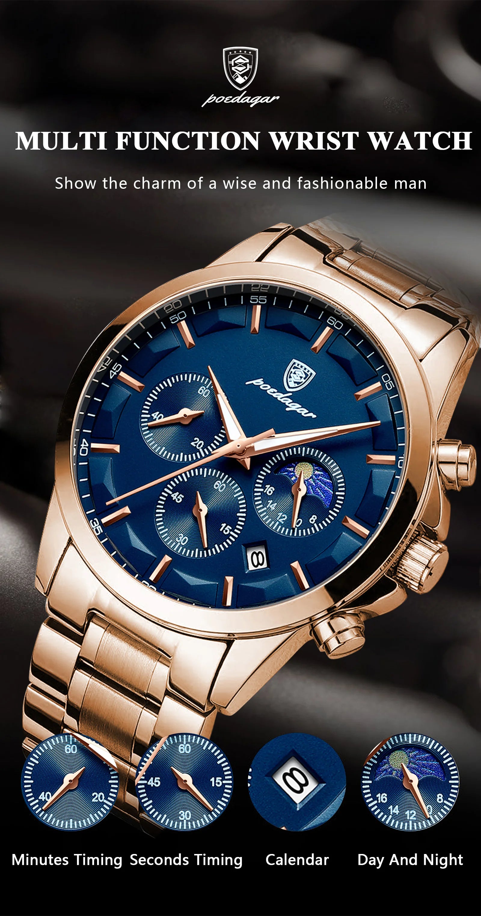 Moon Phase Full Calendar Watch – Luminous Dial with Stainless Steel Bracelet