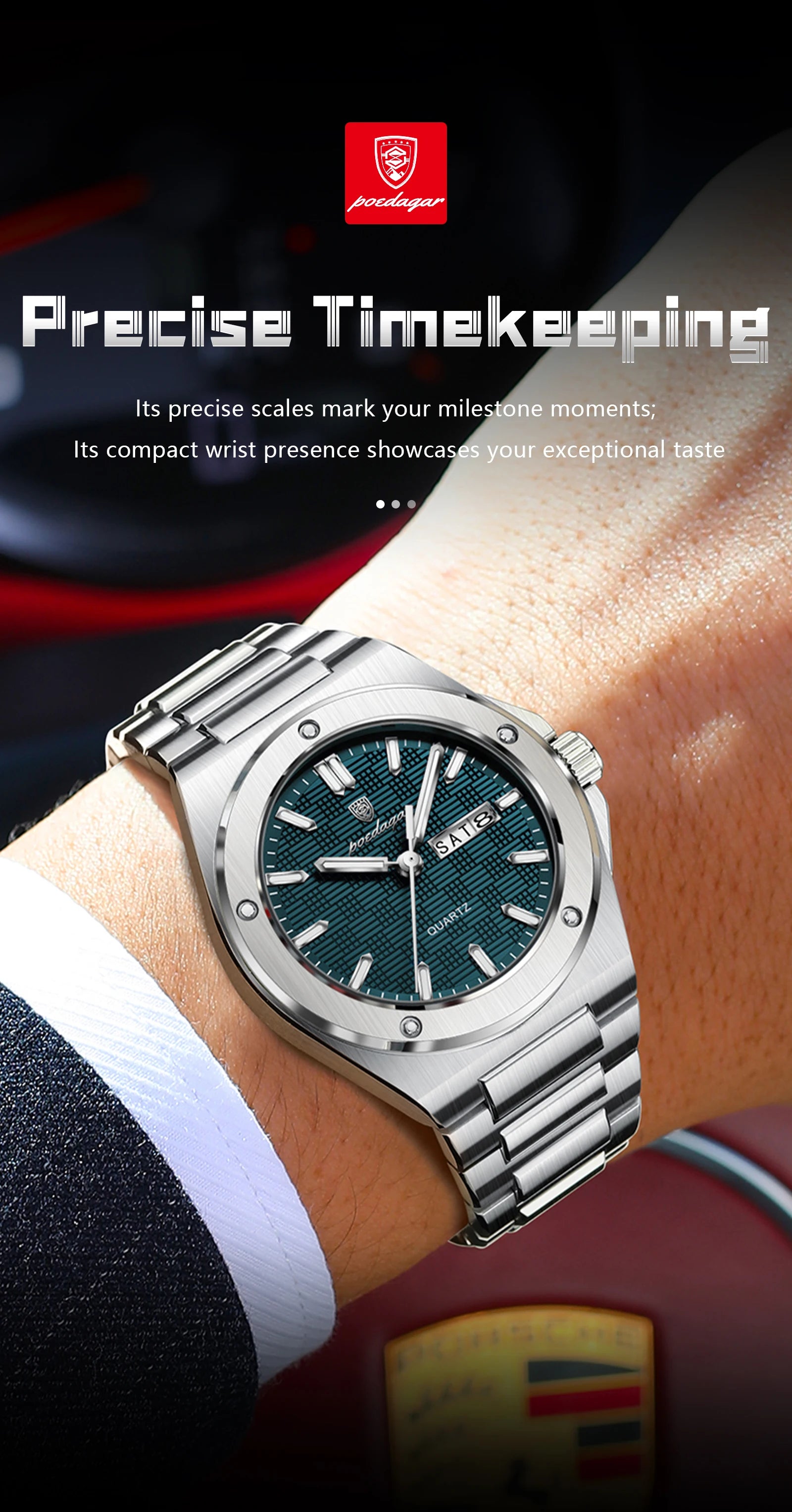 Full Calendar Business Watch – Luminous Stainless Steel with Hidden Clasp Bracelet