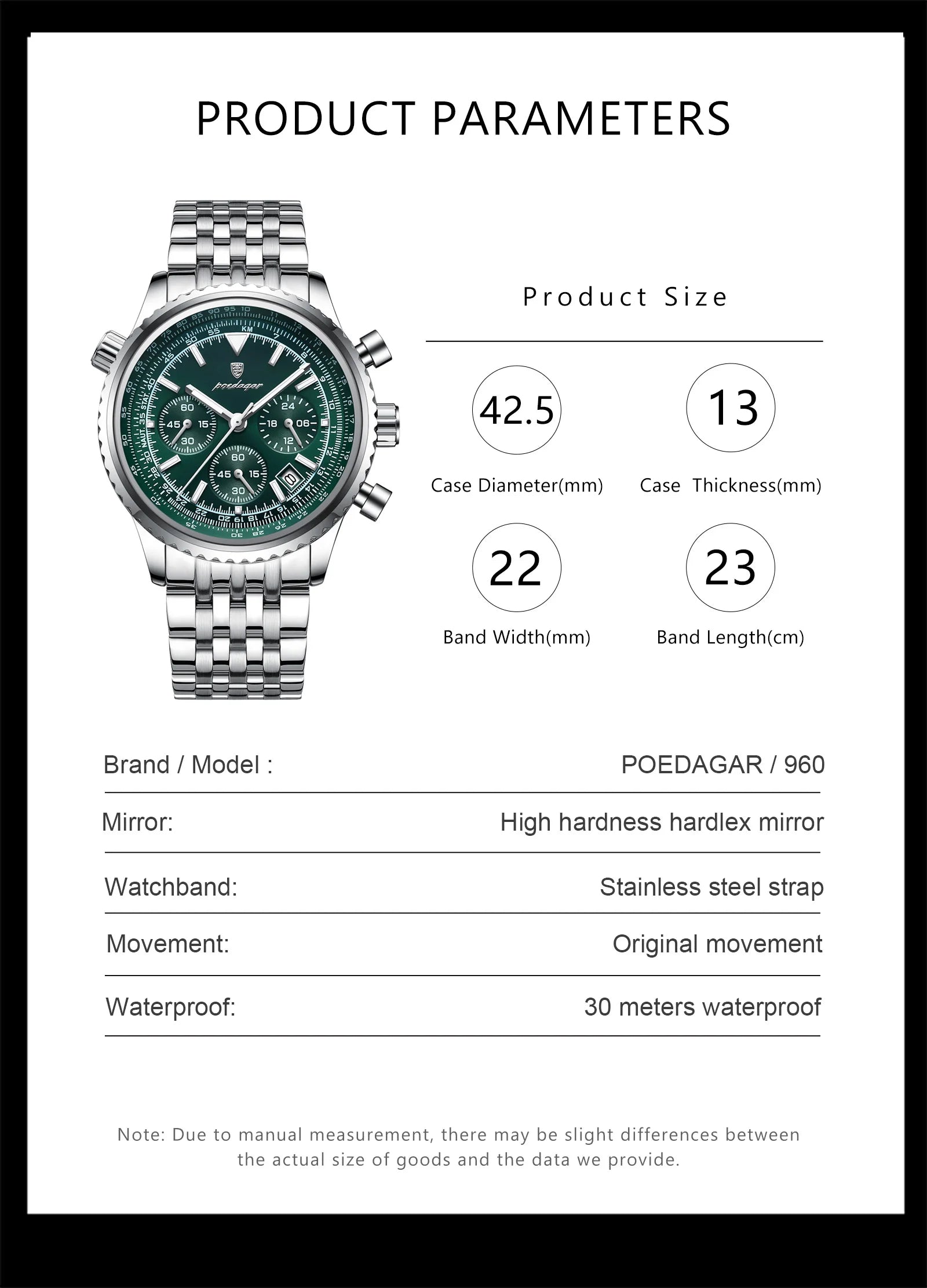Chronograph Date Watch – Luminous Numberless Dial with Hidden Clasp Bracelet