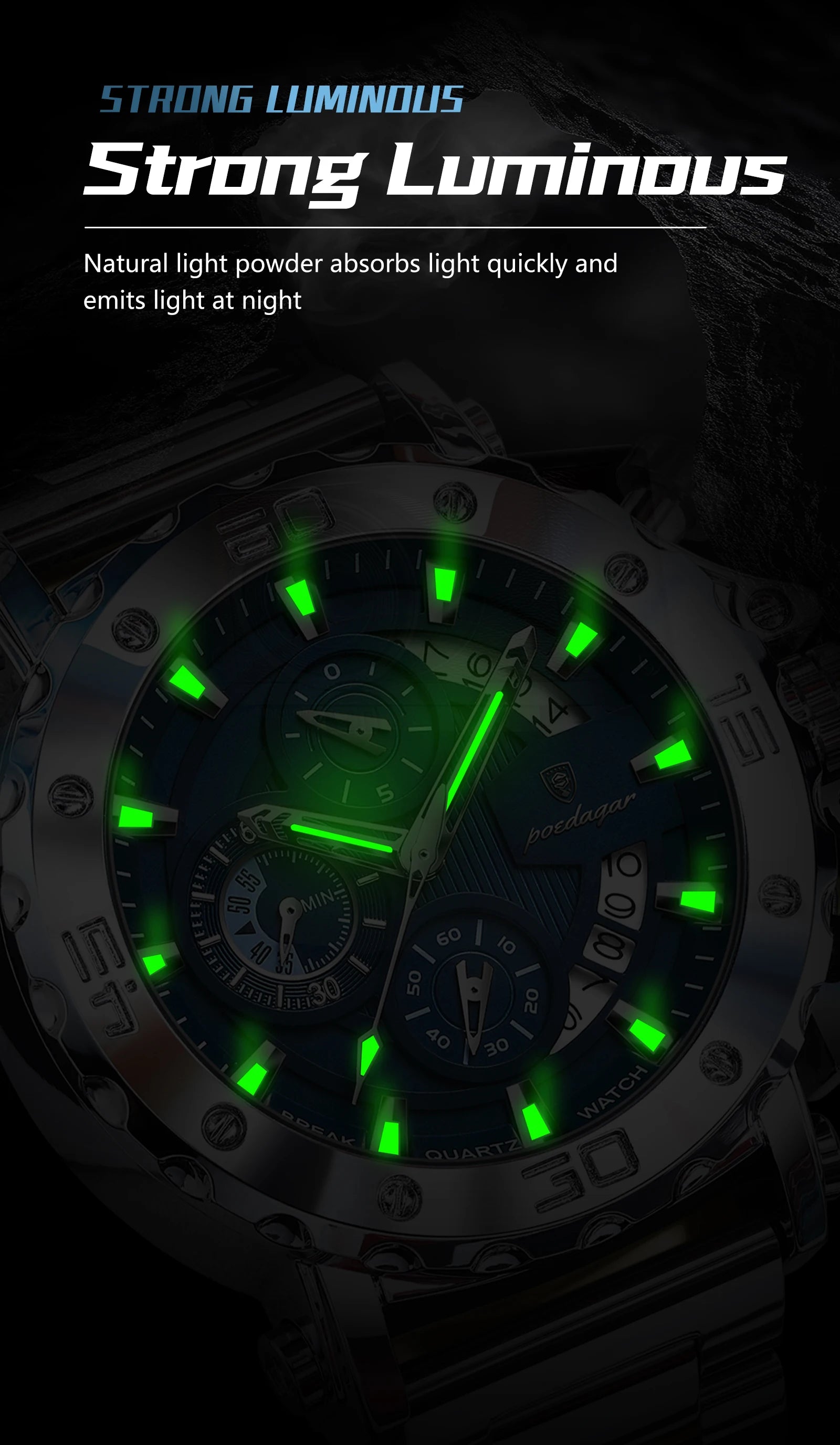 Large Chronograph Watch – Luminous Numberless Dial with Hidden Clasp