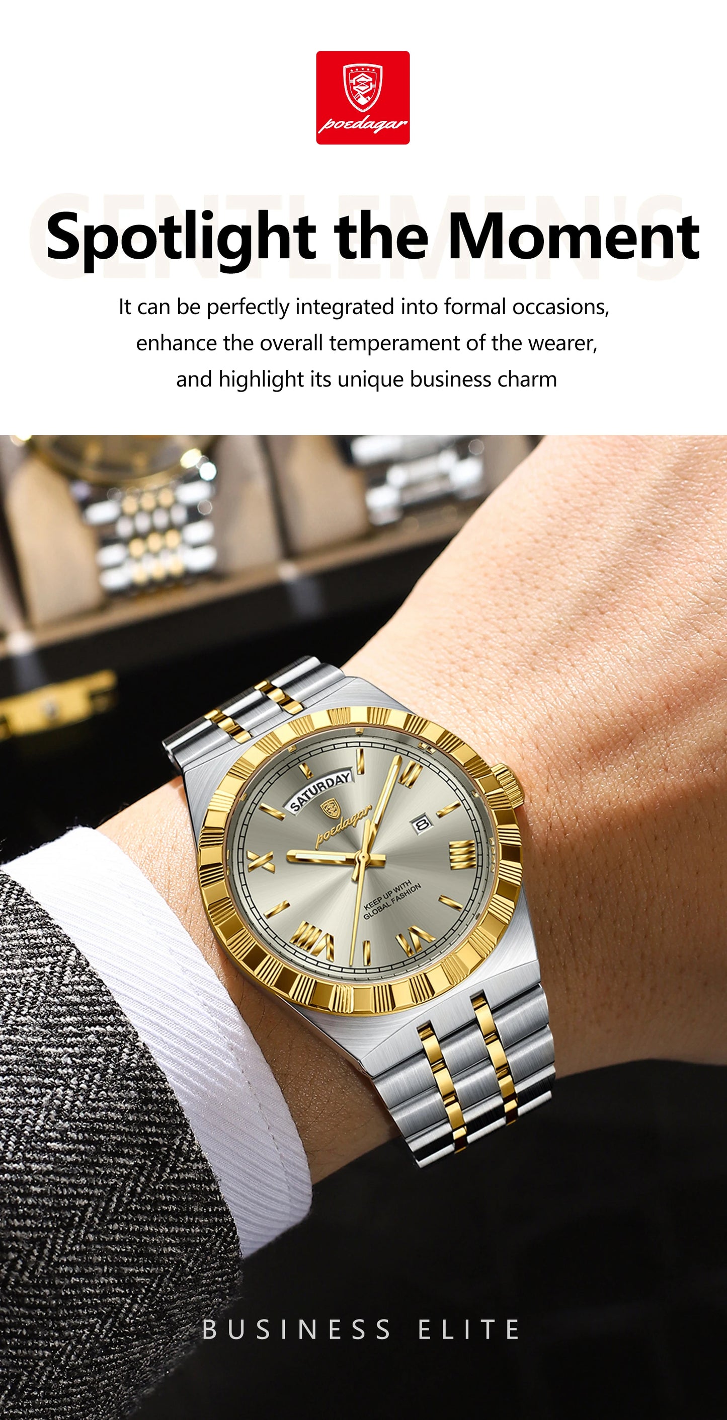 Luxury Business Chronograph – Day, Date, Luminous Dial, Steel Bracelet