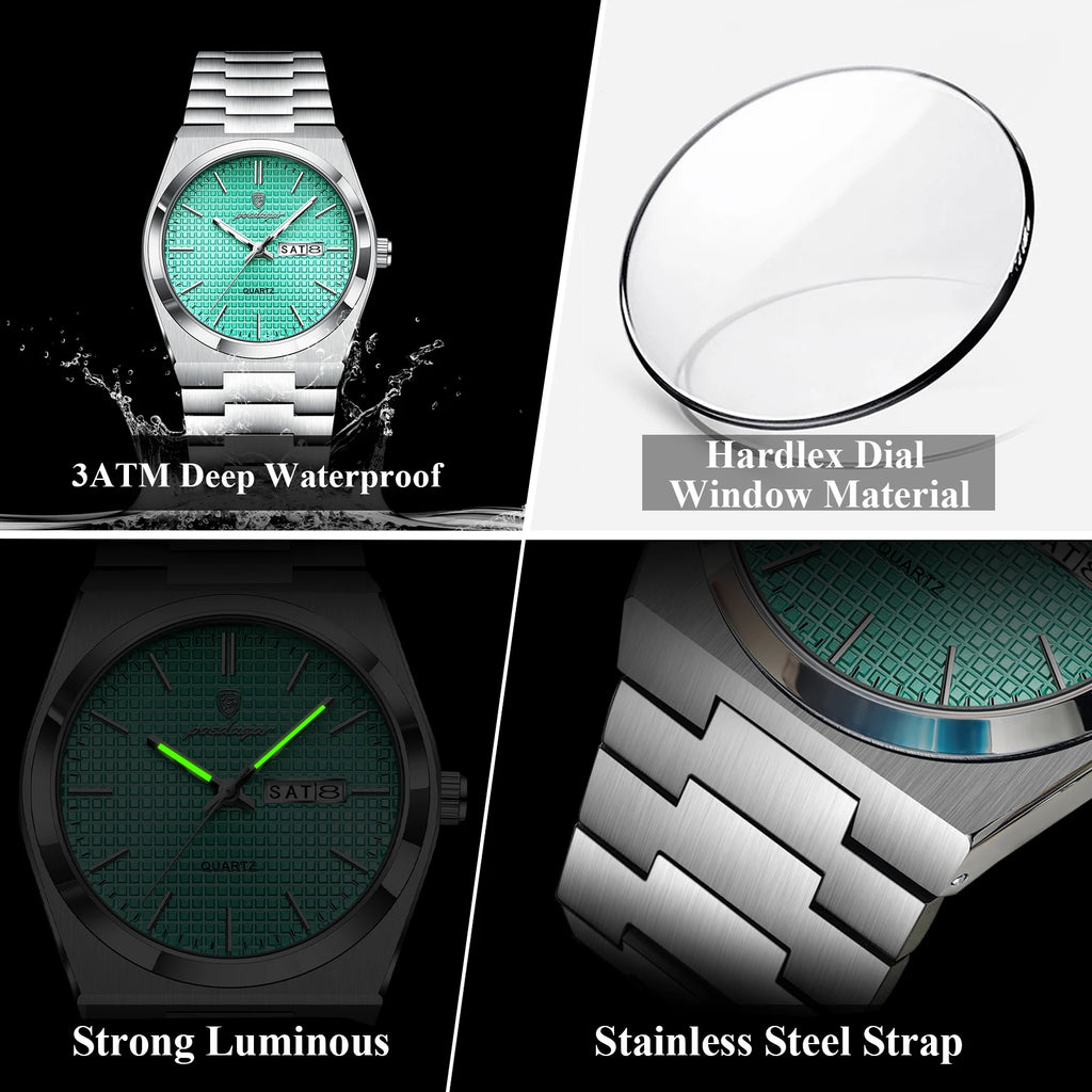 Full Calendar Stainless Steel Watch – Luminous Dial with Hidden Clasp Bracelet