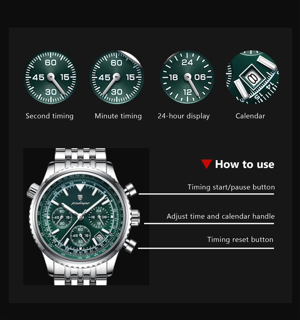 Chronograph Date Watch – Luminous Numberless Dial with Hidden Clasp Bracelet
