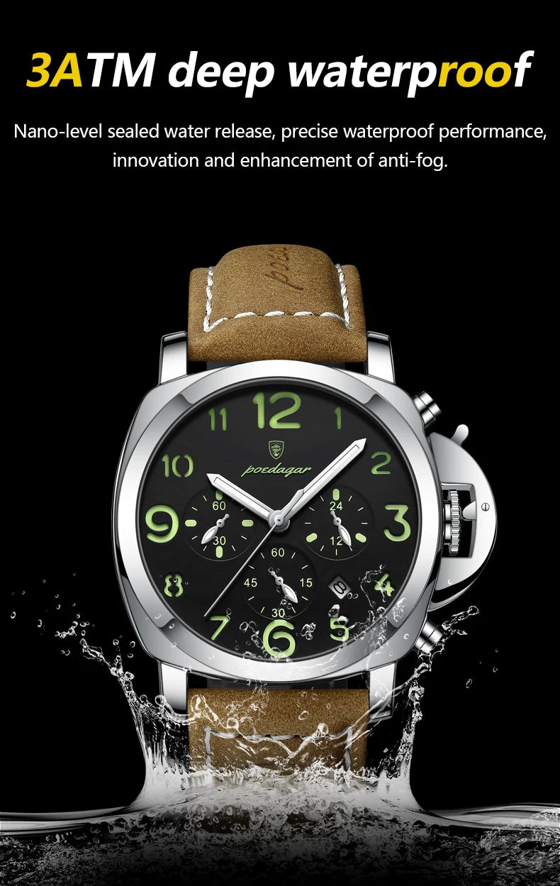 Military Style Chronograph Watch – Luminous Leather Strap with Date