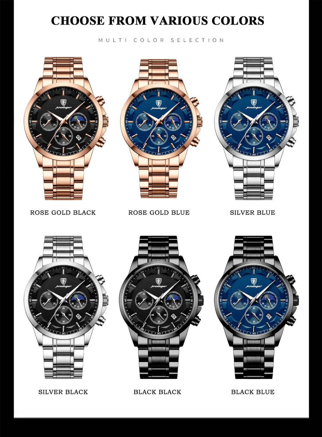 Moon Phase Full Calendar Watch – Luminous Dial with Stainless Steel Bracelet