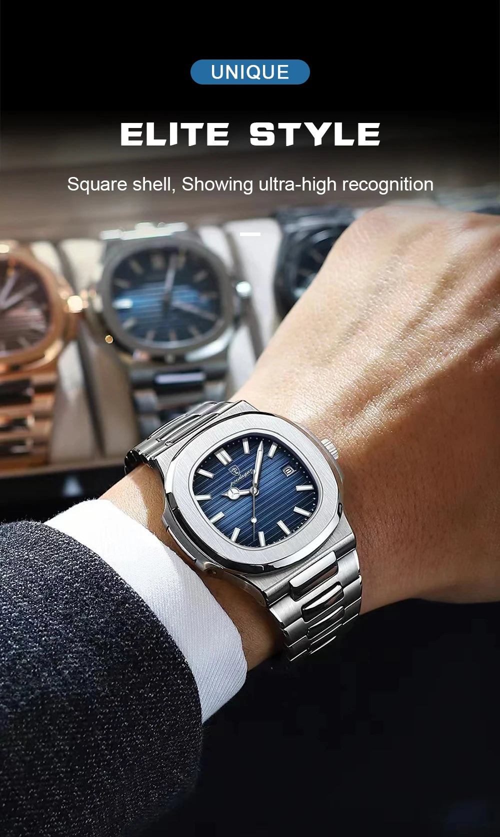 Square Business Watch – Luminous Numberless Dial with Hidden Clasp