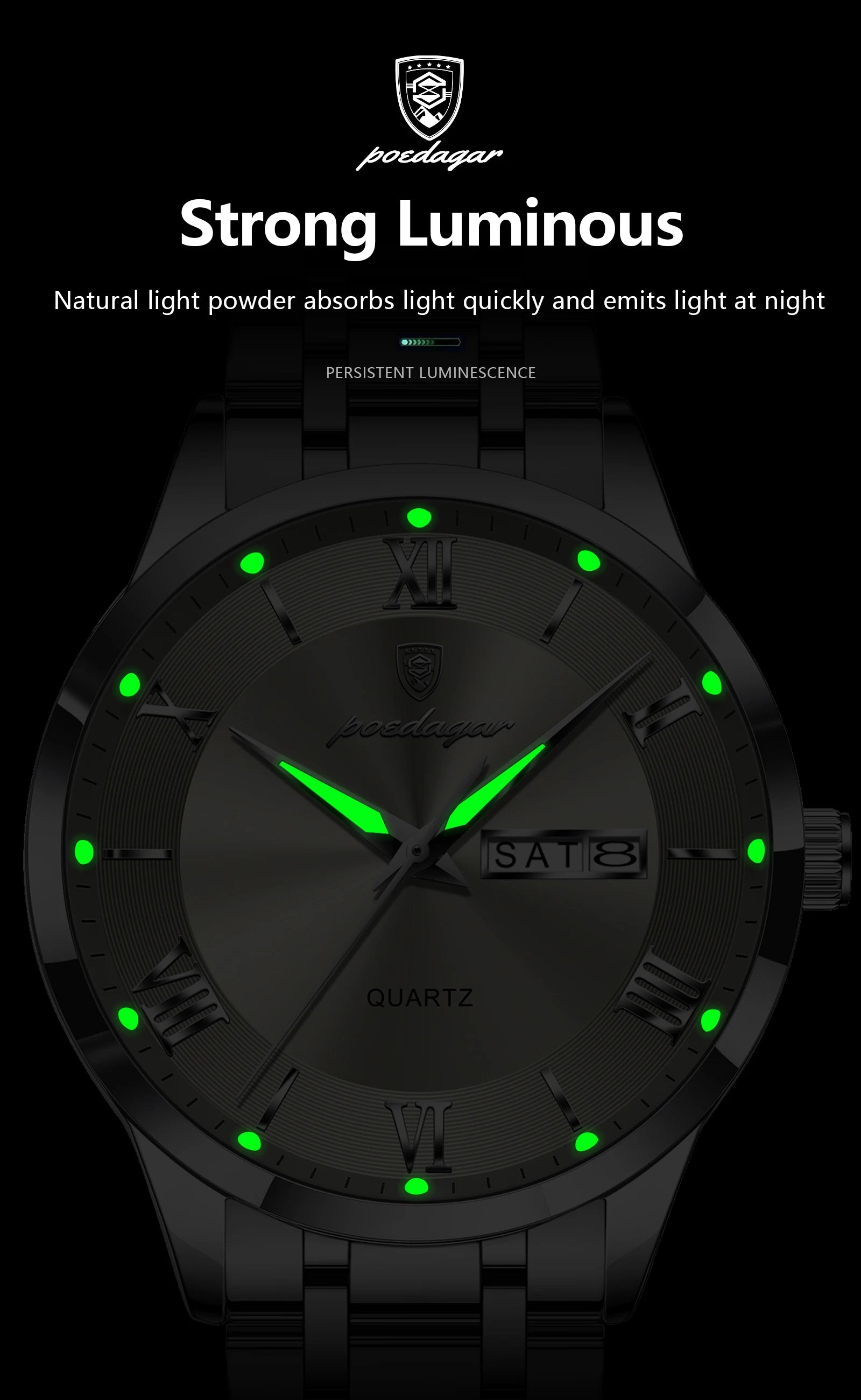 Roman Numeral Full Calendar Watch – Luminous Dial with Hidden Clasp Bracelet
