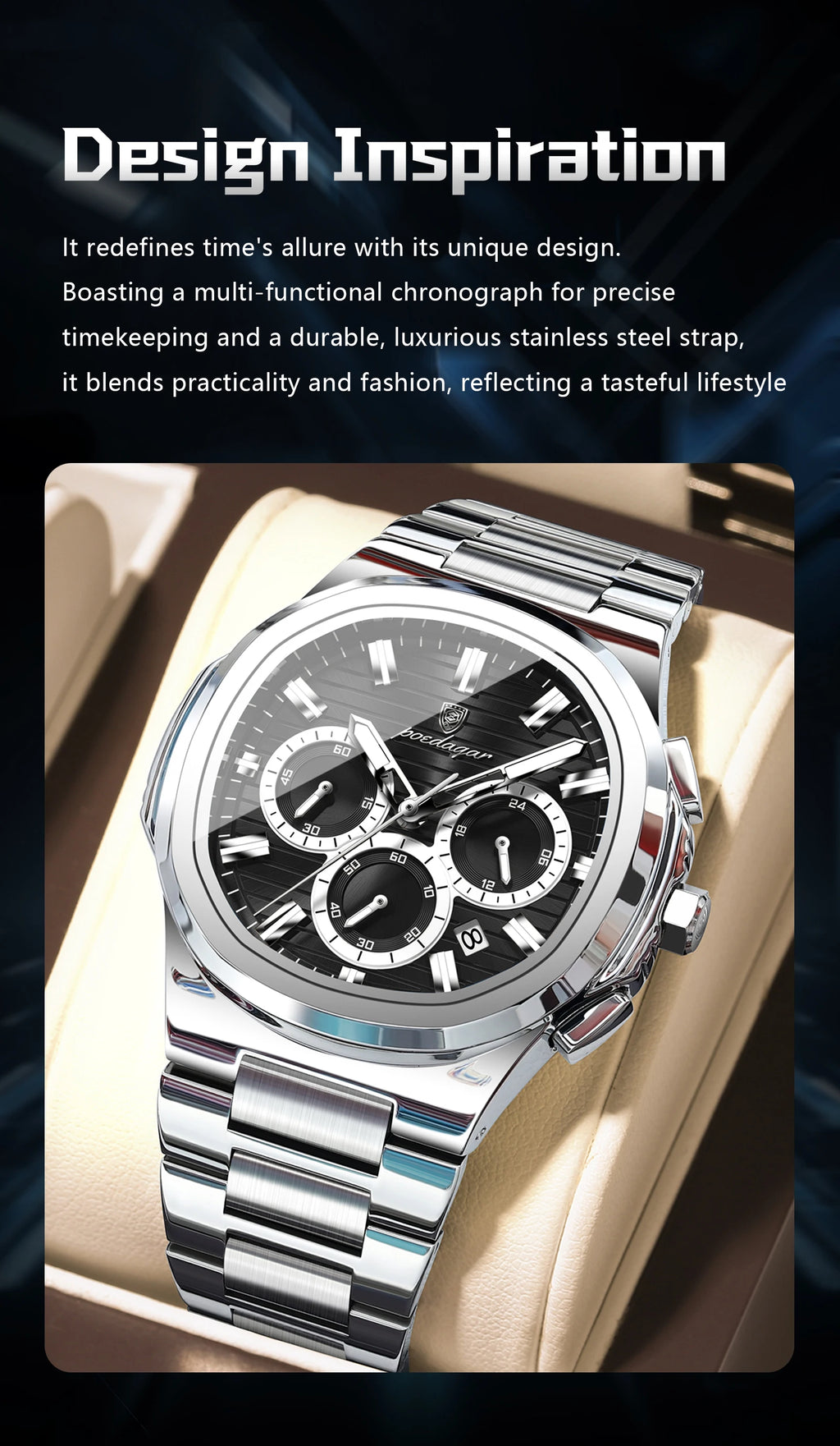 Square Chronograph Watch – Large Numberless Dial with Hidden Clasp Bracelet
