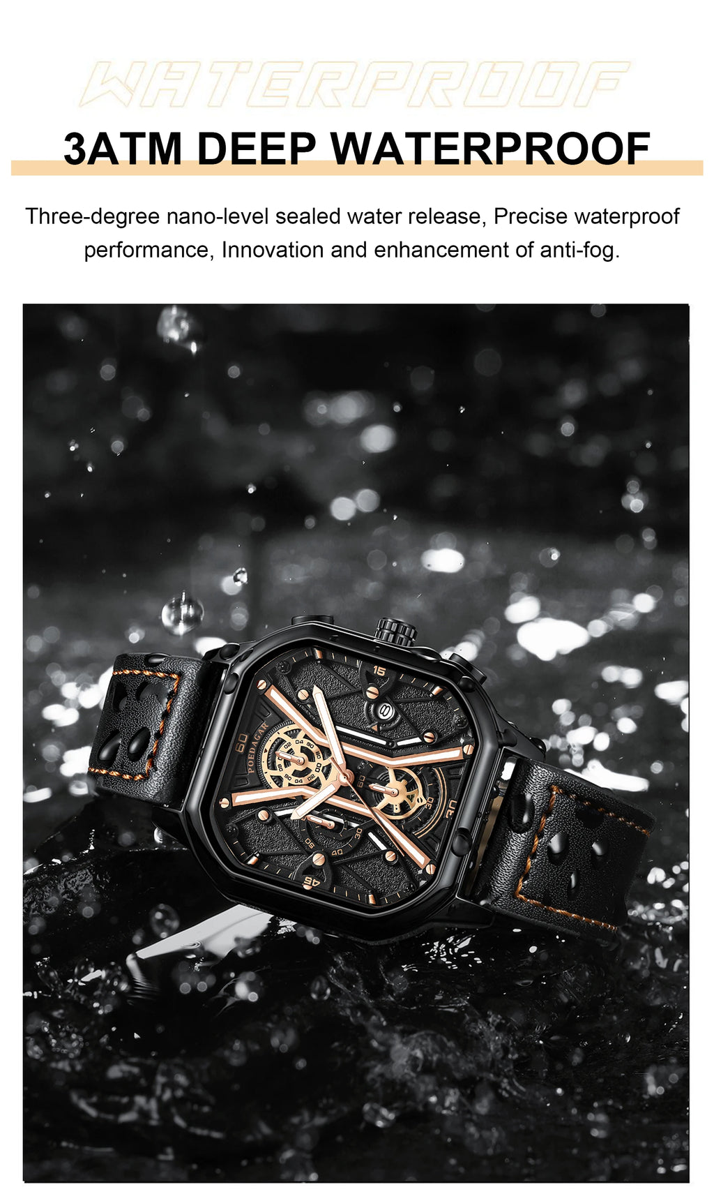 Square Chronograph Watch – Full Calendar with Leather Strap & Luminous Dial