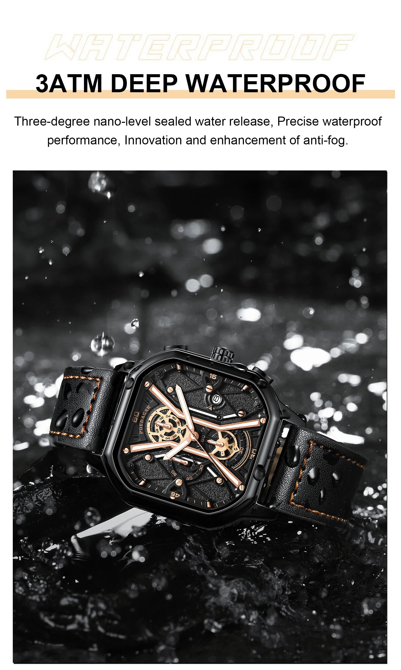 Square Chronograph Watch – Full Calendar with Leather Strap & Luminous Dial
