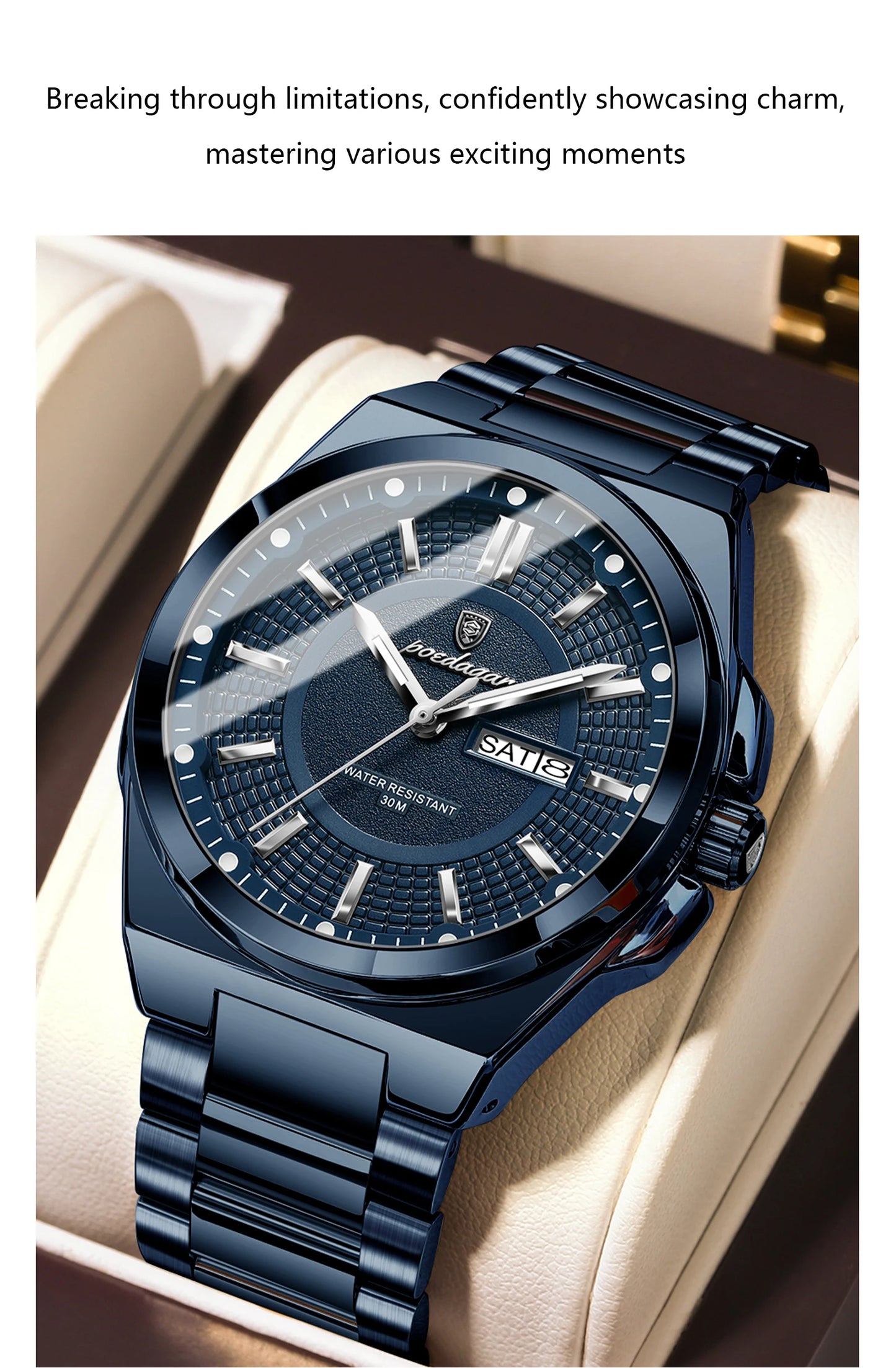 Full Calendar Sport Watch – Luminous Dial with Hidden Clasp Bracelet