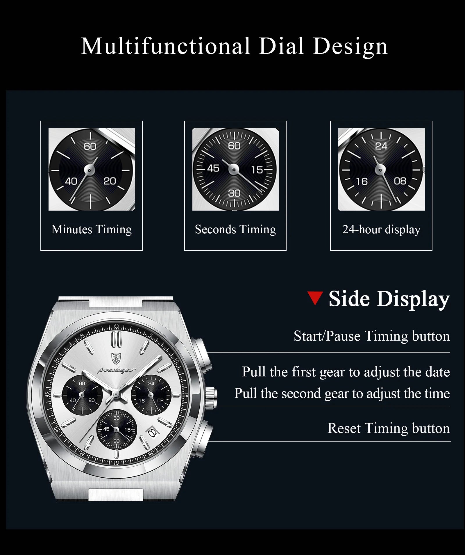 Chronograph Watch – Luminous Numberless Dial with Hidden Clasp