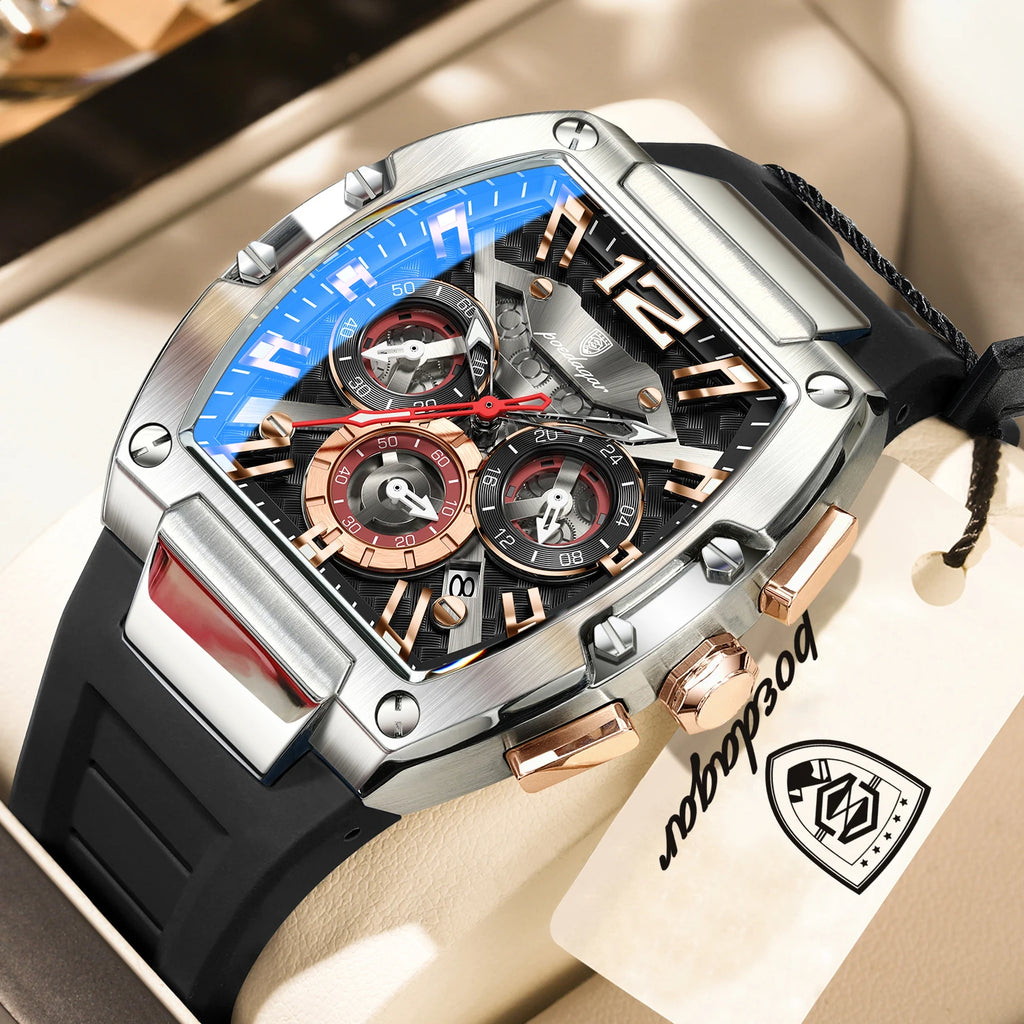 Bold Tonneau Timepiece – Luminous Chronograph with Premium Silicone Strap