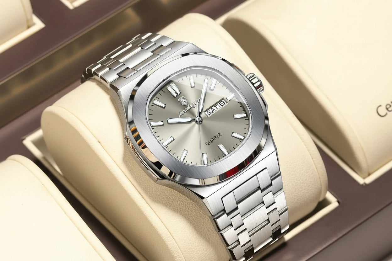 Square Full Calendar Watch – Date & Week Display with Hidden Clasp Bracelet