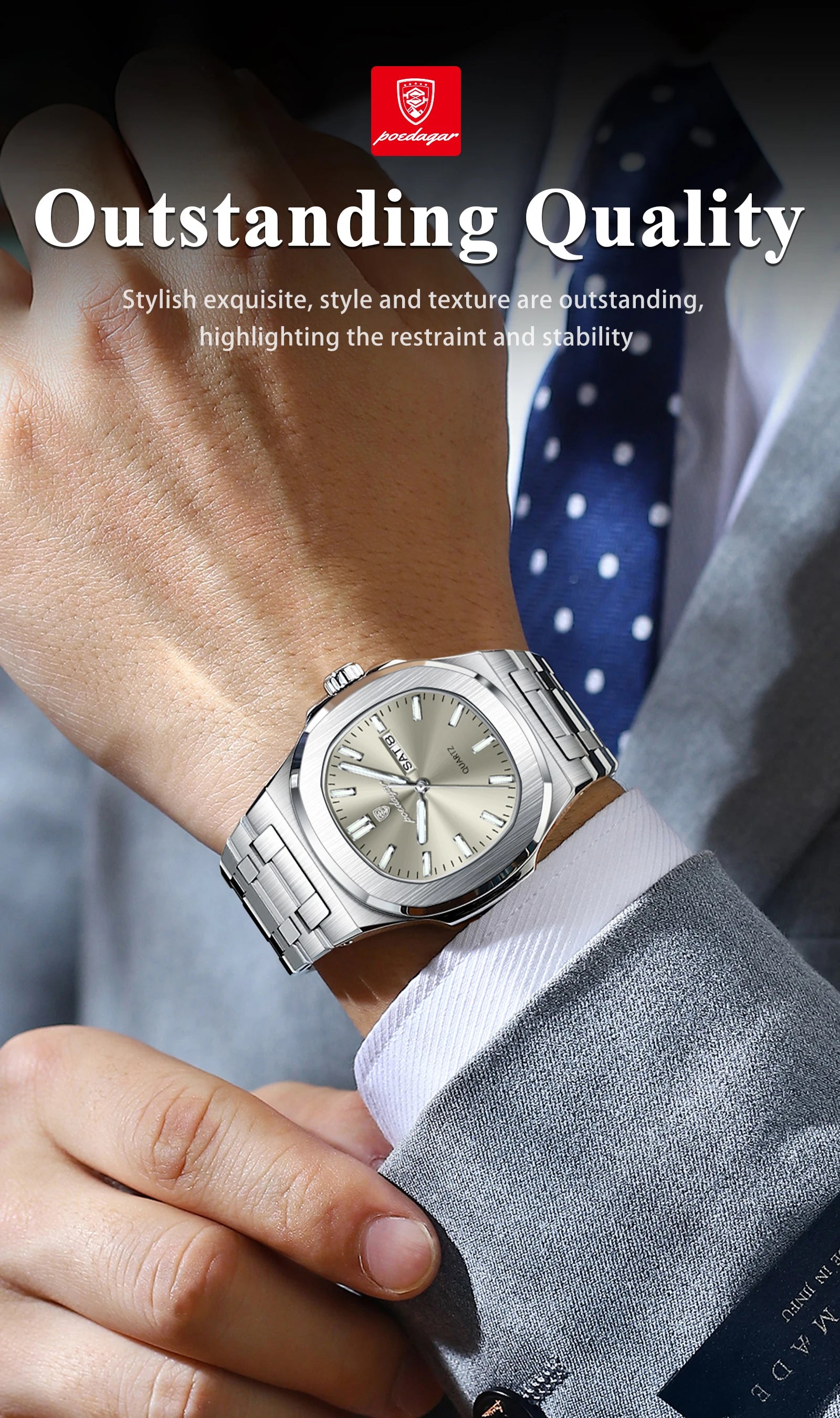 Square Full Calendar Watch – Date & Week Display with Hidden Clasp Bracelet