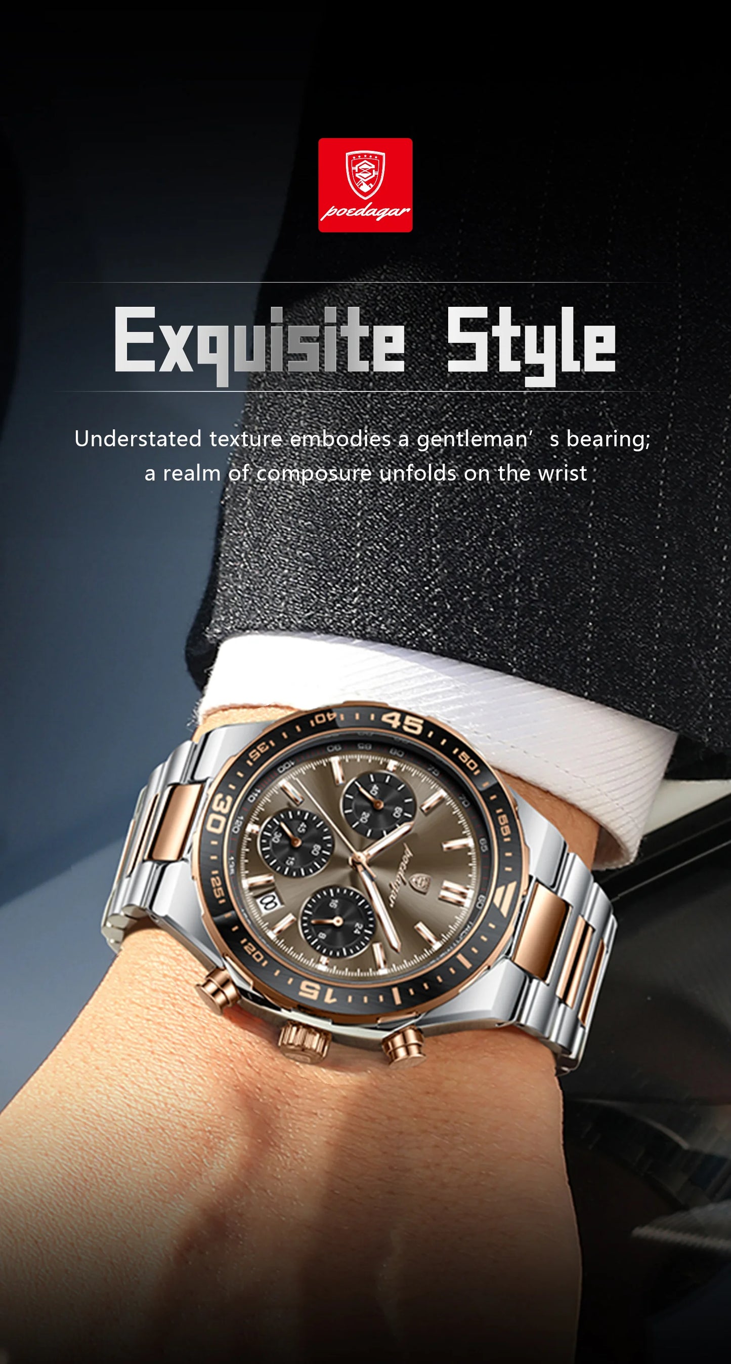 Business Chronograph Watch – Stainless Steel, Luminous Dial, Date Display