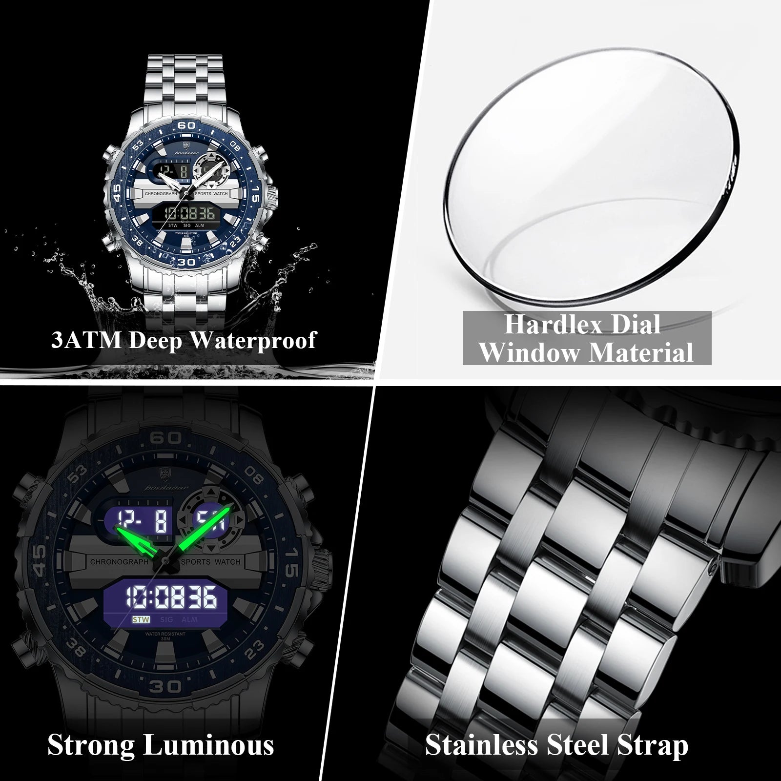 Square Chronograph Watch – Large Numberless Dial with Hidden Clasp Bracelet