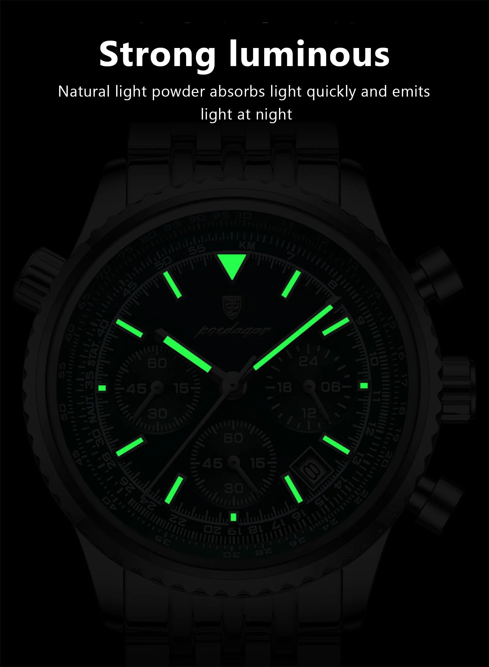 Chronograph Date Watch – Luminous Numberless Dial with Hidden Clasp Bracelet