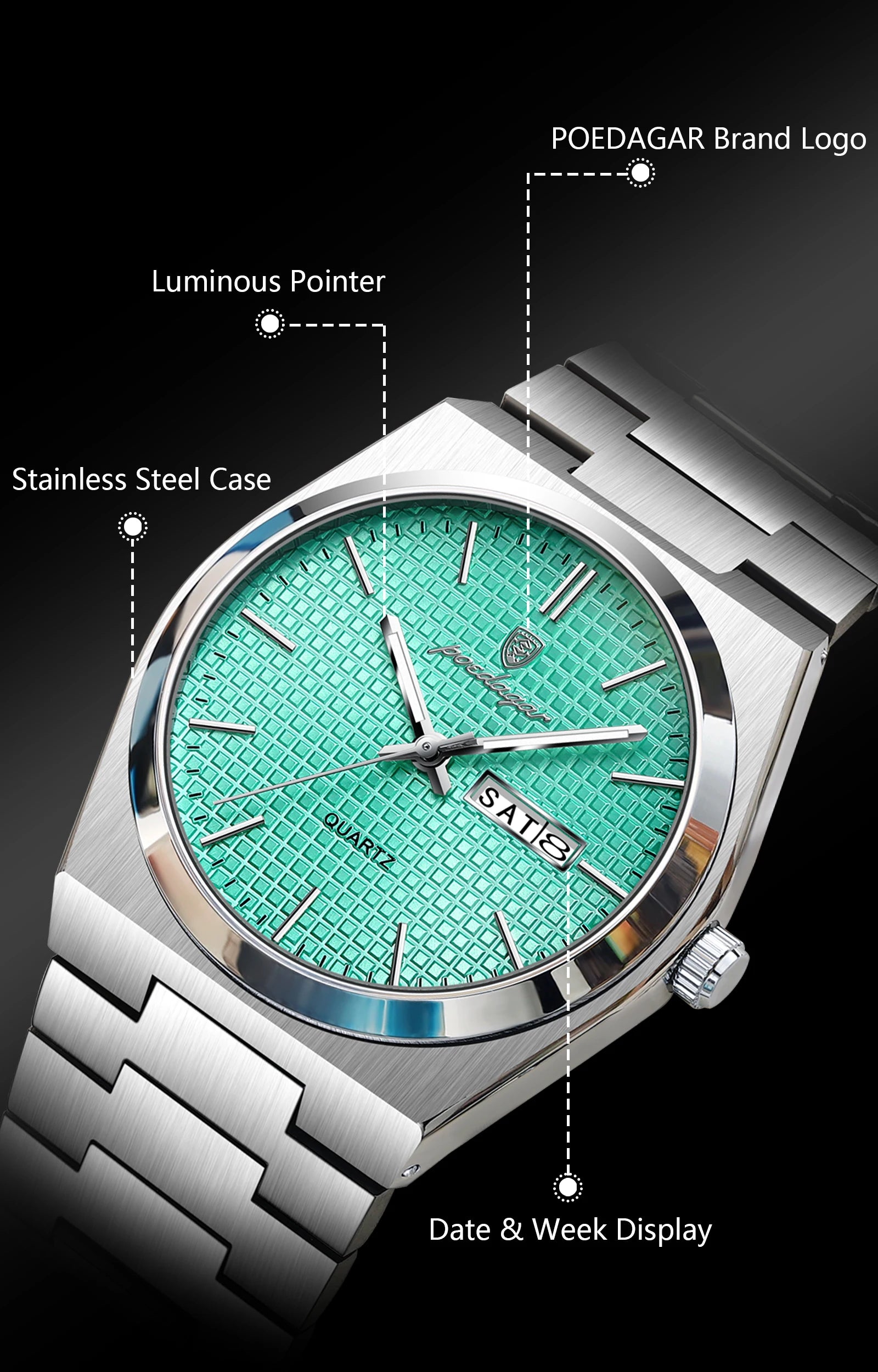 Full Calendar Stainless Steel Watch – Luminous Dial with Hidden Clasp Bracelet
