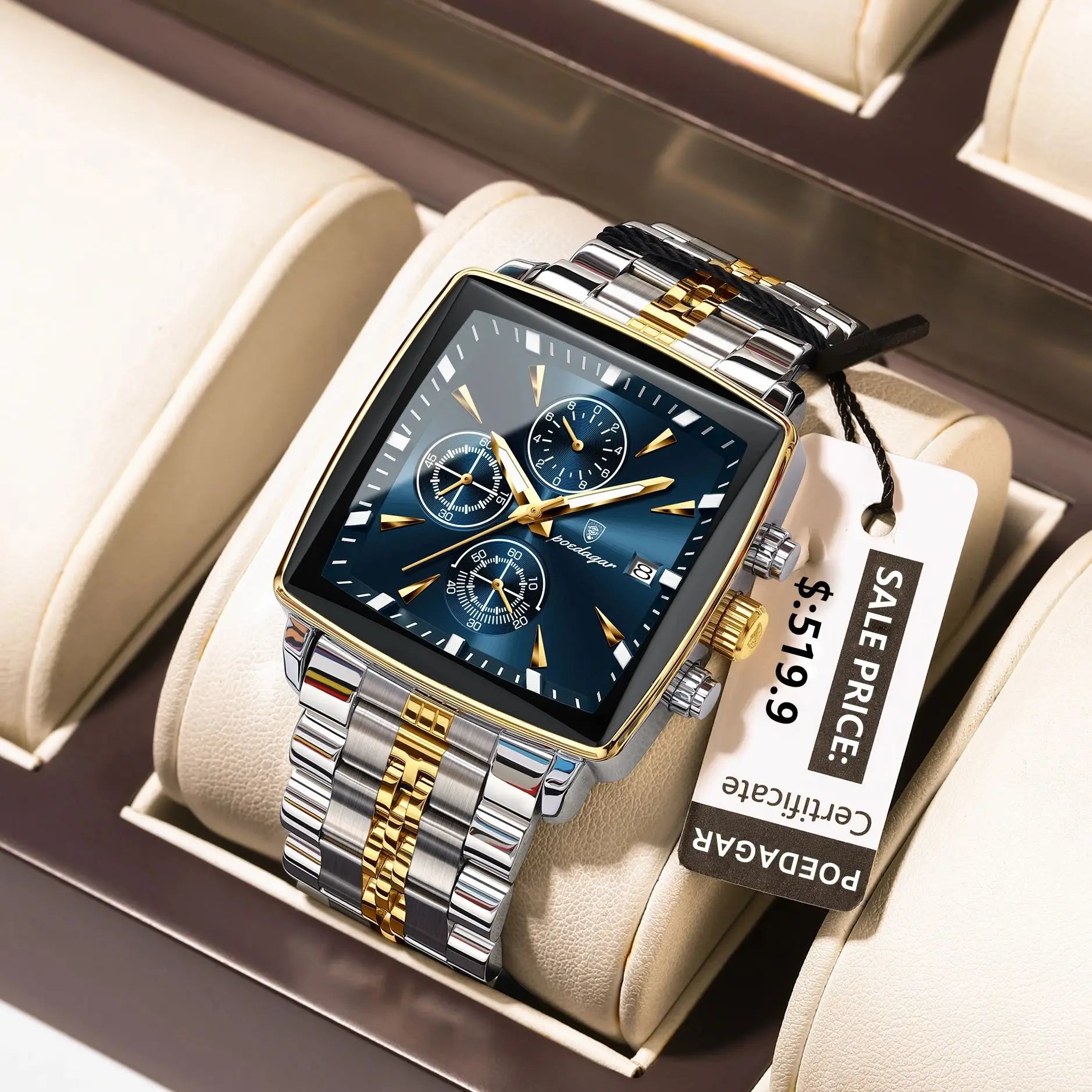 Square Chronograph Watch – Numberless Dial with Hidden Clasp Bracelet