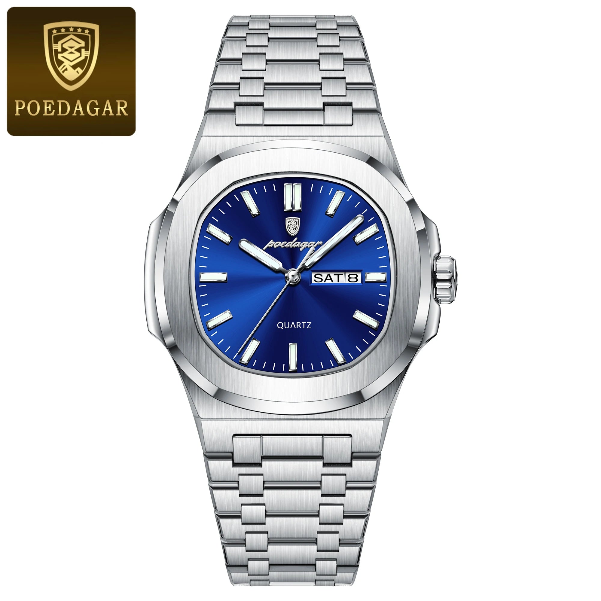 Square Full Calendar Watch – Date & Week Display with Hidden Clasp Bracelet