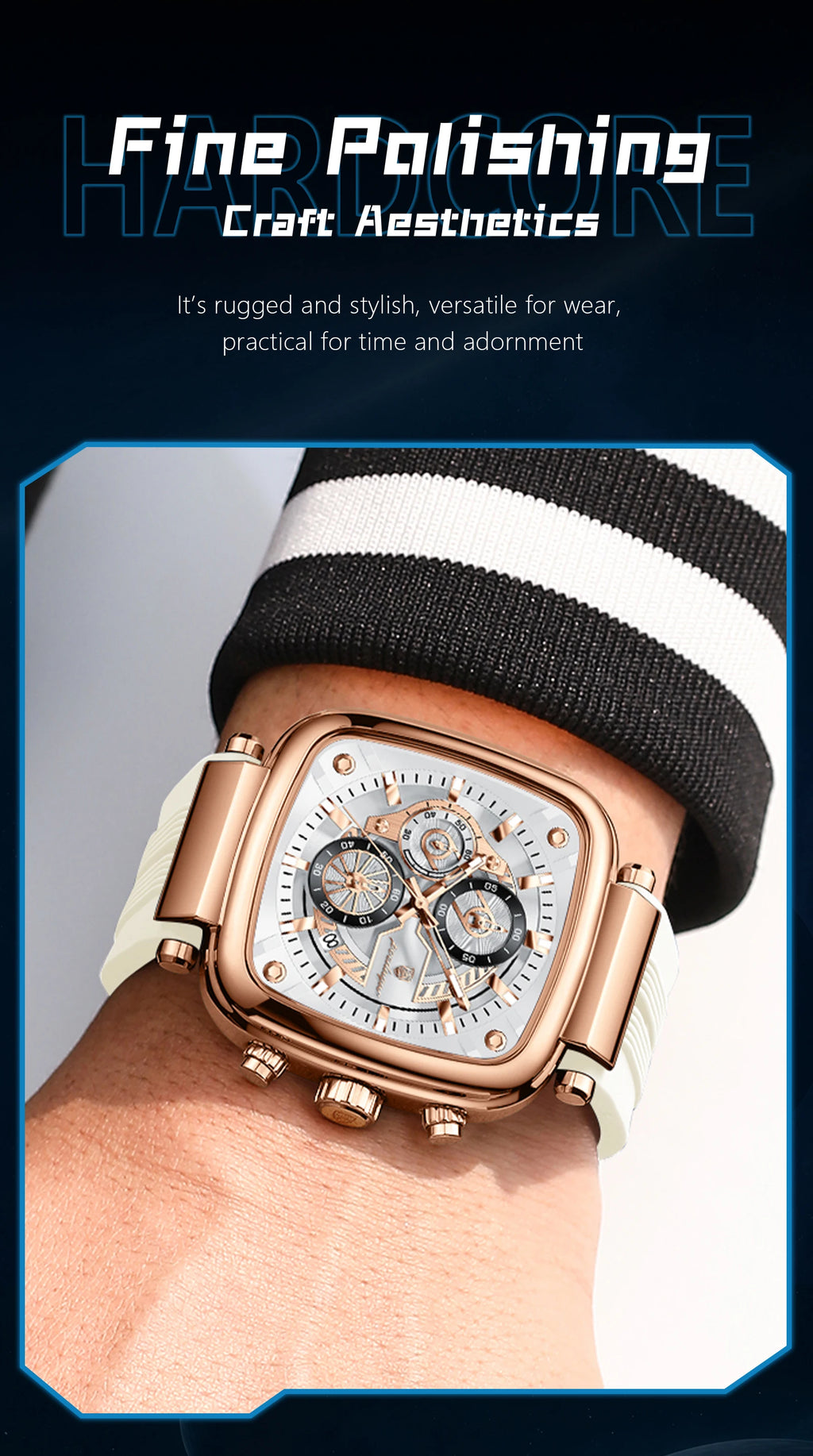 Square Chronograph Sport Watch – Luminous Dial with Silicone Strap & Date