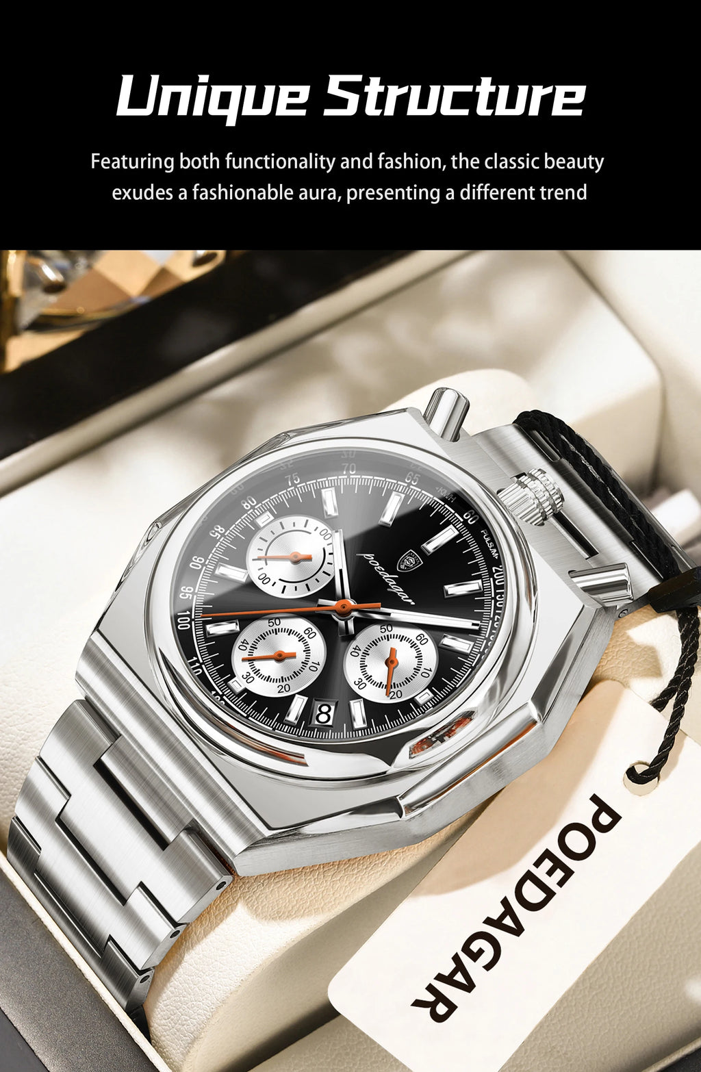 Irregular Chronograph Watch – Bold Numberless Dial with Hidden Clasp Bracelet