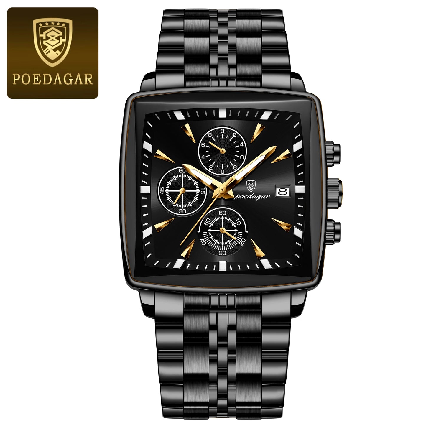Square Chronograph Watch – Bold Numberless Dial with Hidden Clasp Bracelet