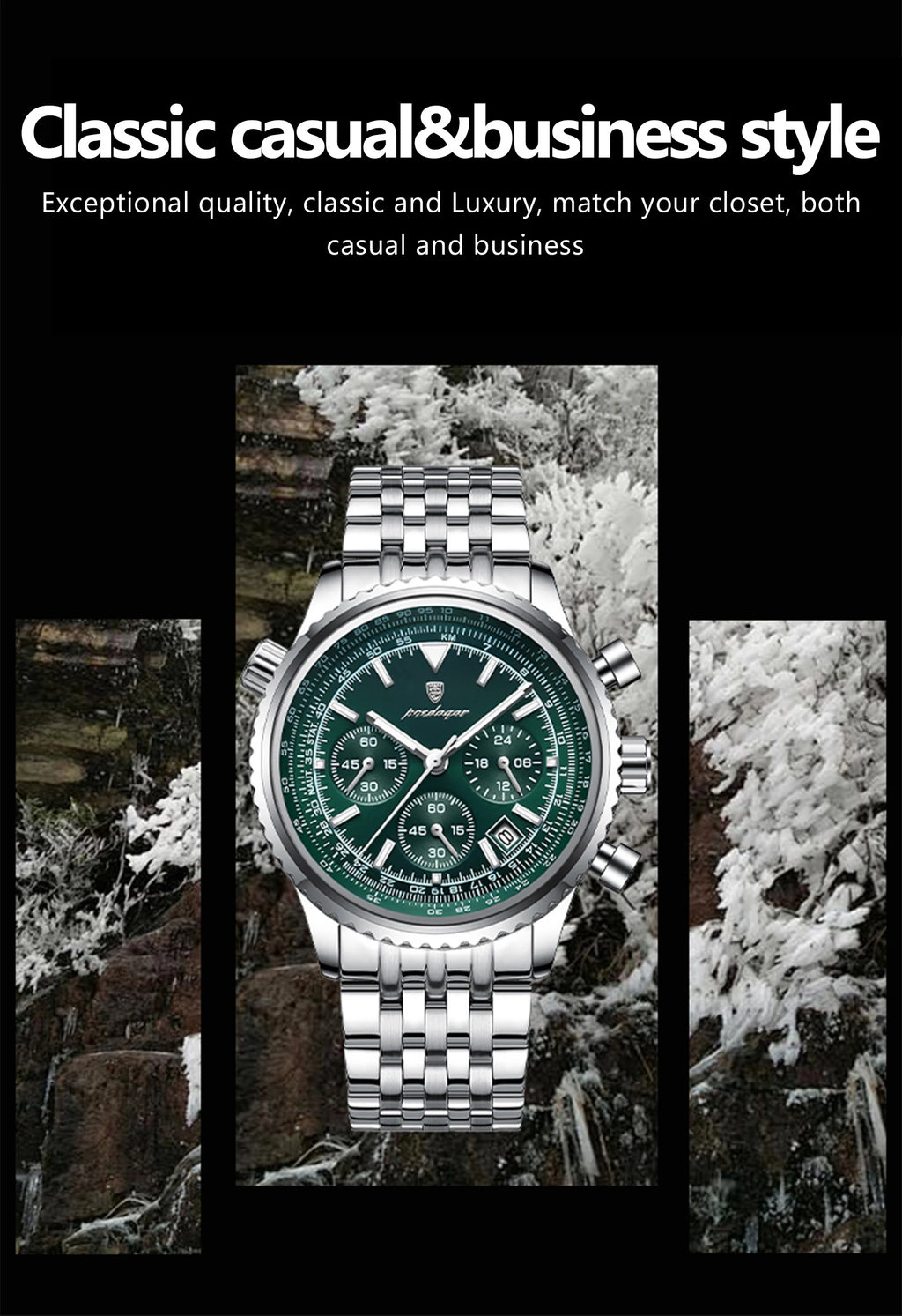 Chronograph Date Watch – Luminous Numberless Dial with Hidden Clasp Bracelet