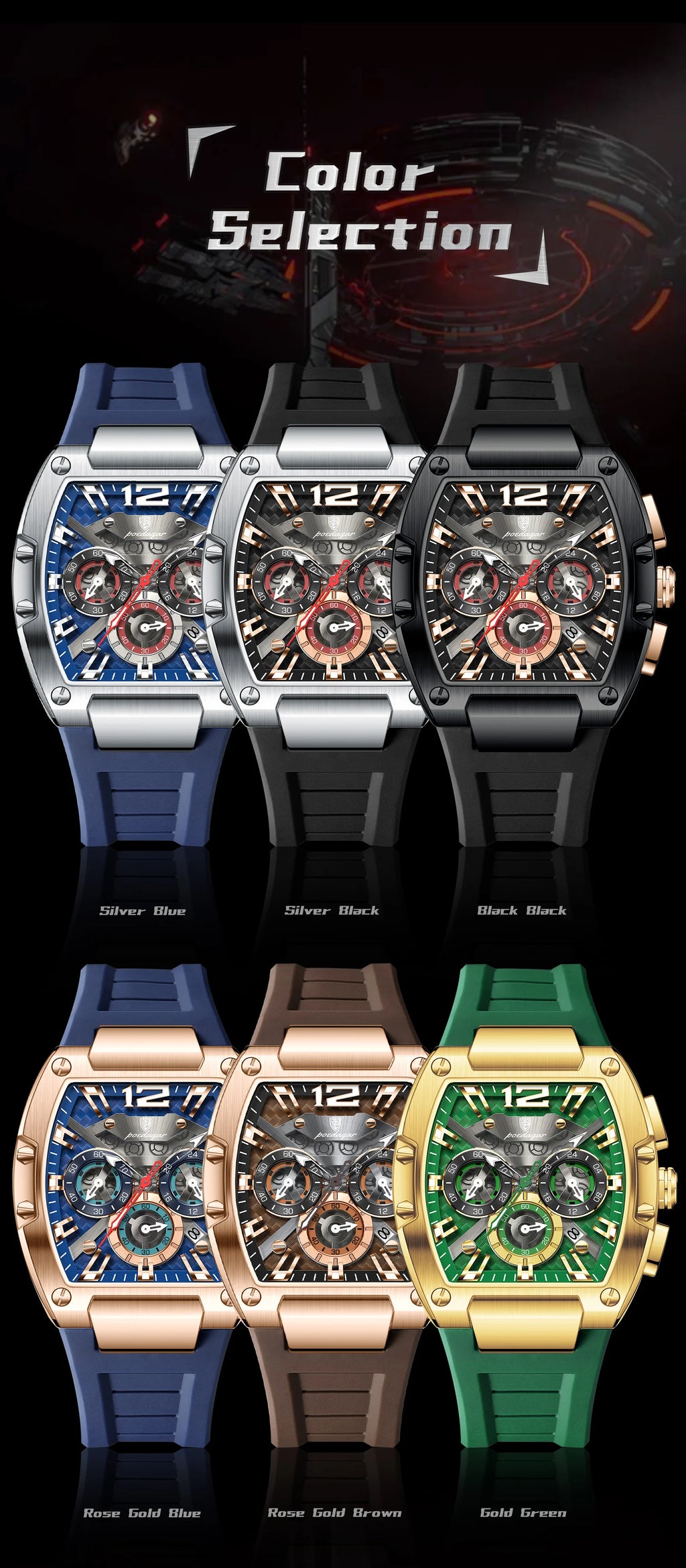 Tonneau Chronograph Watch – Luminous Arabic Dial with Silicone Strap