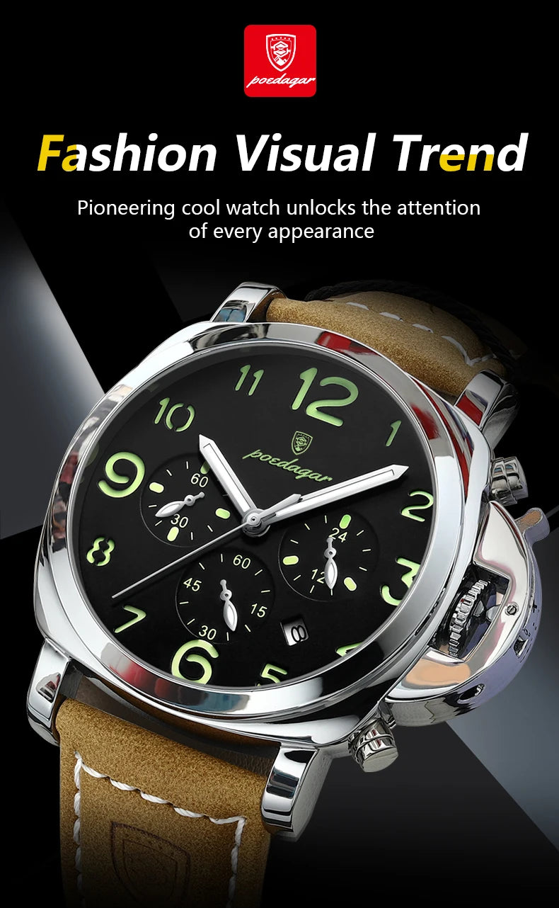 Military Style Chronograph Watch – Luminous Leather Strap with Date
