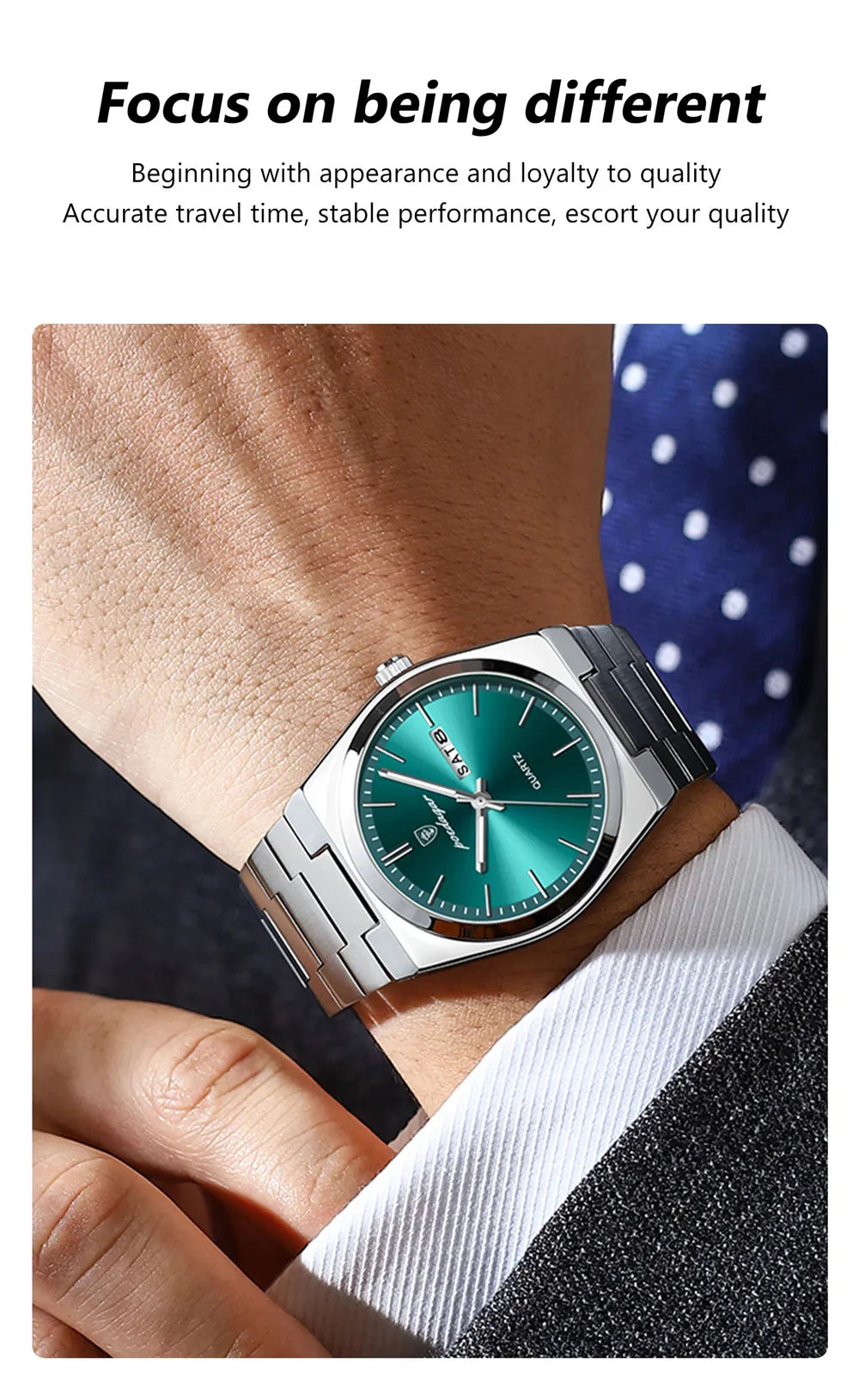 Minimalist Sport Watch – Full Calendar, Luminous Markers & Metal Strap