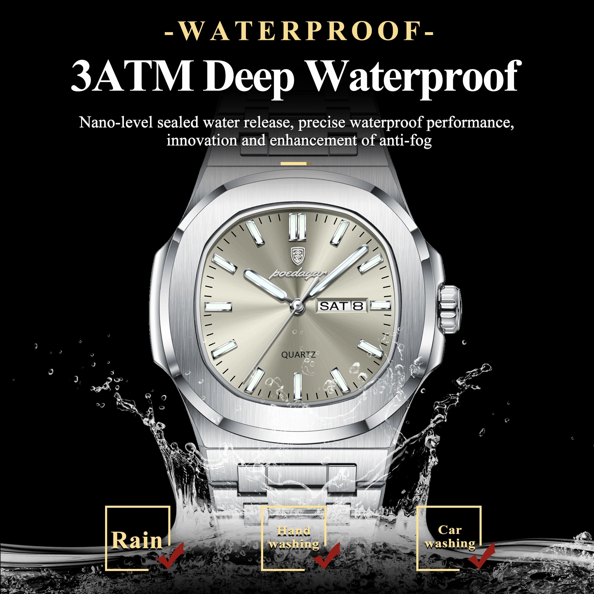 Square Full Calendar Watch – Date & Week Display with Hidden Clasp Bracelet