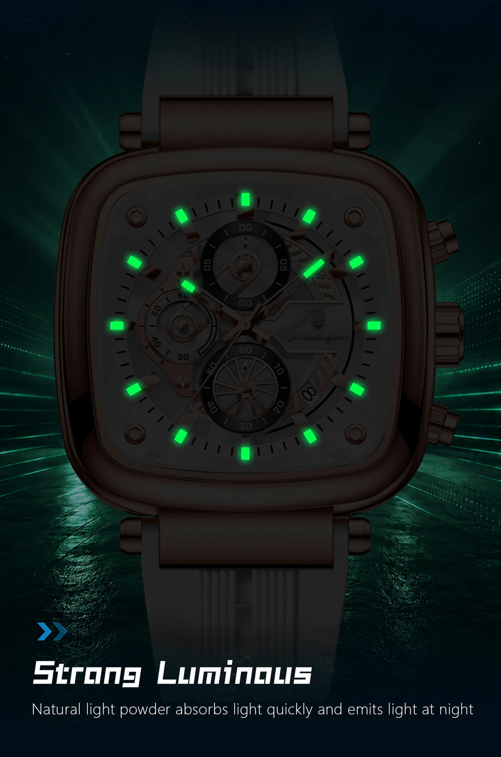 Square Chronograph Sport Watch – Luminous Dial with Silicone Strap & Date