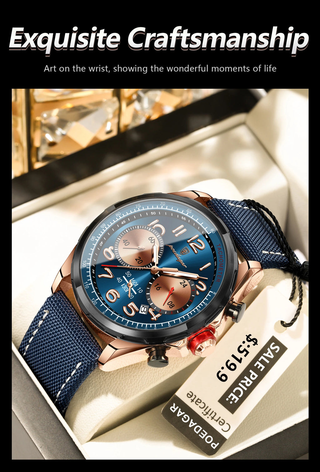 Chronograph Watch with Nylon Strap – Complete Calendar & Luminous Arabic Dial