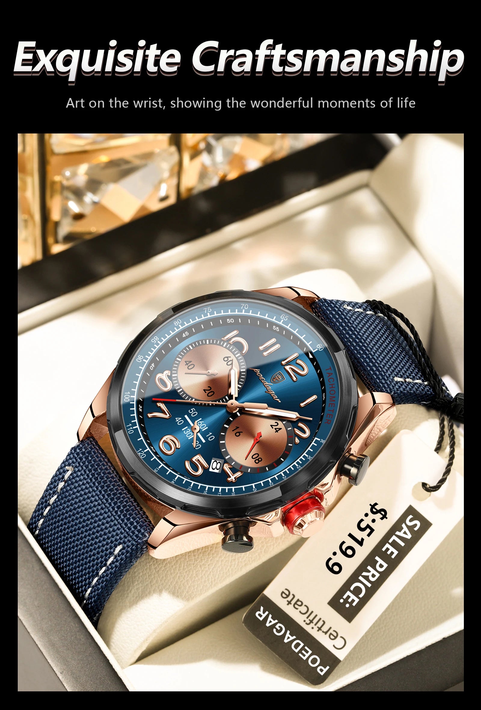 Chronograph Watch with Nylon Strap – Complete Calendar & Luminous Arabic Dial