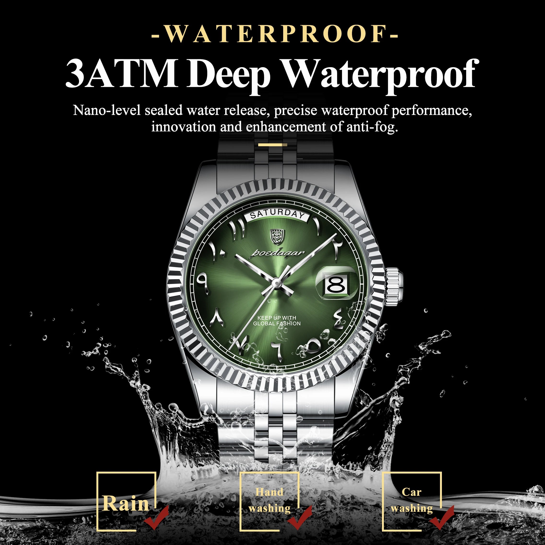 Full Calendar Slim Watch – Date & Week Display with Hidden Clasp Bracelet