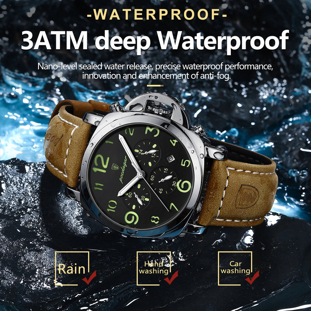 Military Style Chronograph Watch – Luminous Leather Strap with Date